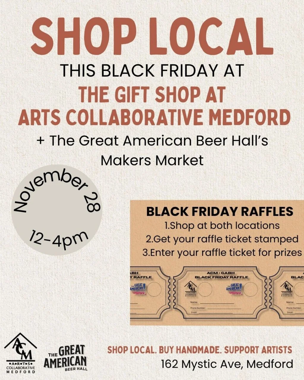 Handmade, neighbor made. This Black Friday, from 12&ndash;4 PM, the Gift Shop at Arts Collaborative Medford is teaming up with The Great American Beer Hall to bring you an unforgettable local shopping experience!

Explore unique, handcrafted work fro