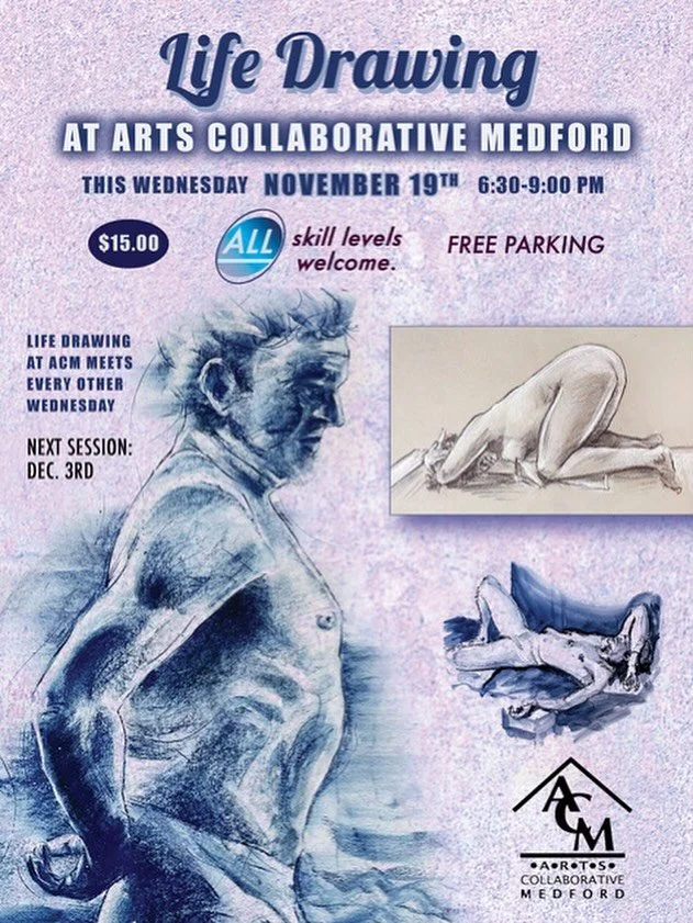 Live Figure Drawing Sessions
Every other Wednesday

$15; pre-register or drop-in

This is a non-instructor lead live drawing session. All sessions are in person, and will be with a nude or lightly clothed model. There will be a studio monitor present