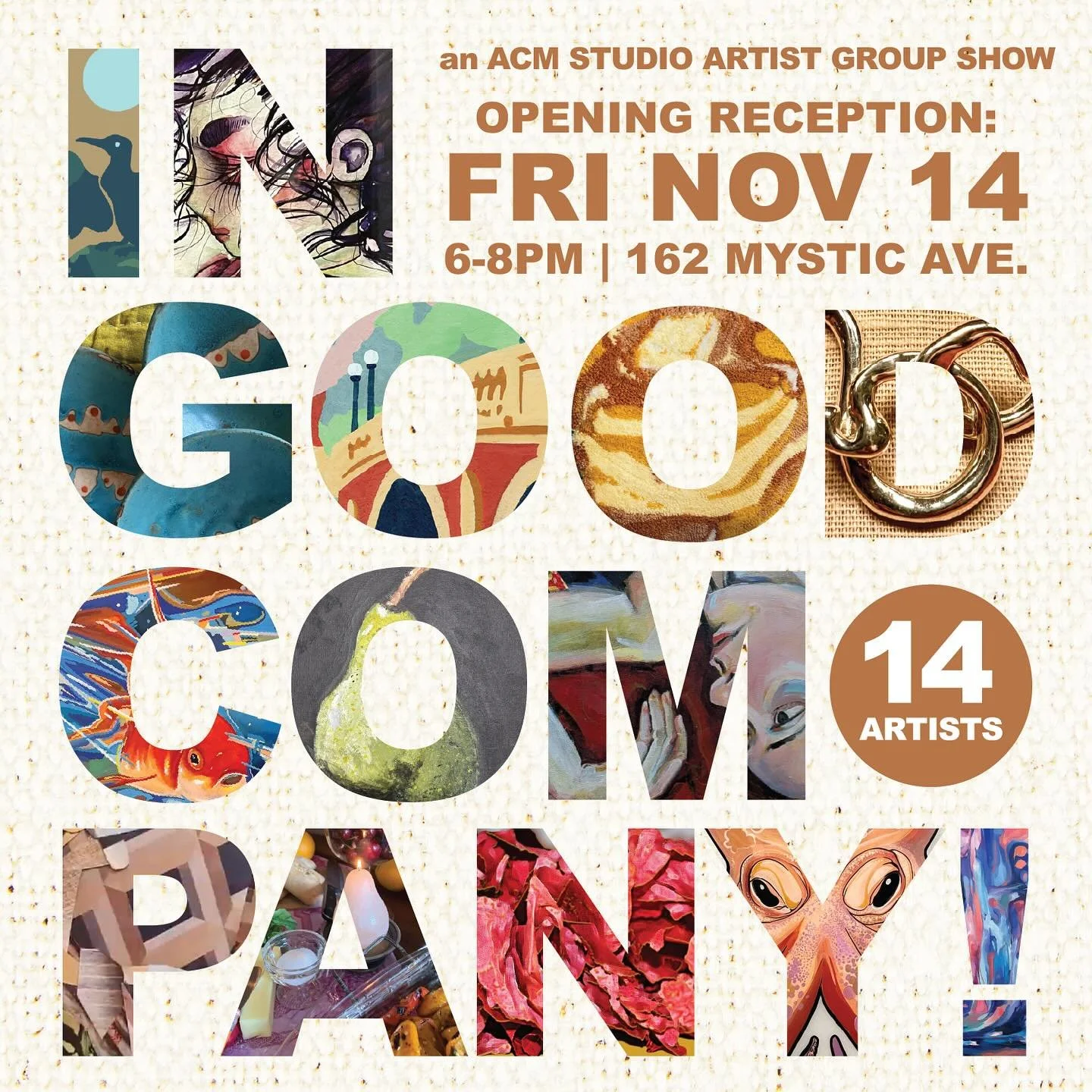Free - Open to the Public - Light Refreshments

&ldquo;In Good Company&rdquo; is the inaugural ACM Studio Artist Group Show, celebrating the creative energy that has filled Arts Collaborative Medford since its opening. Featuring work by fourteen curr