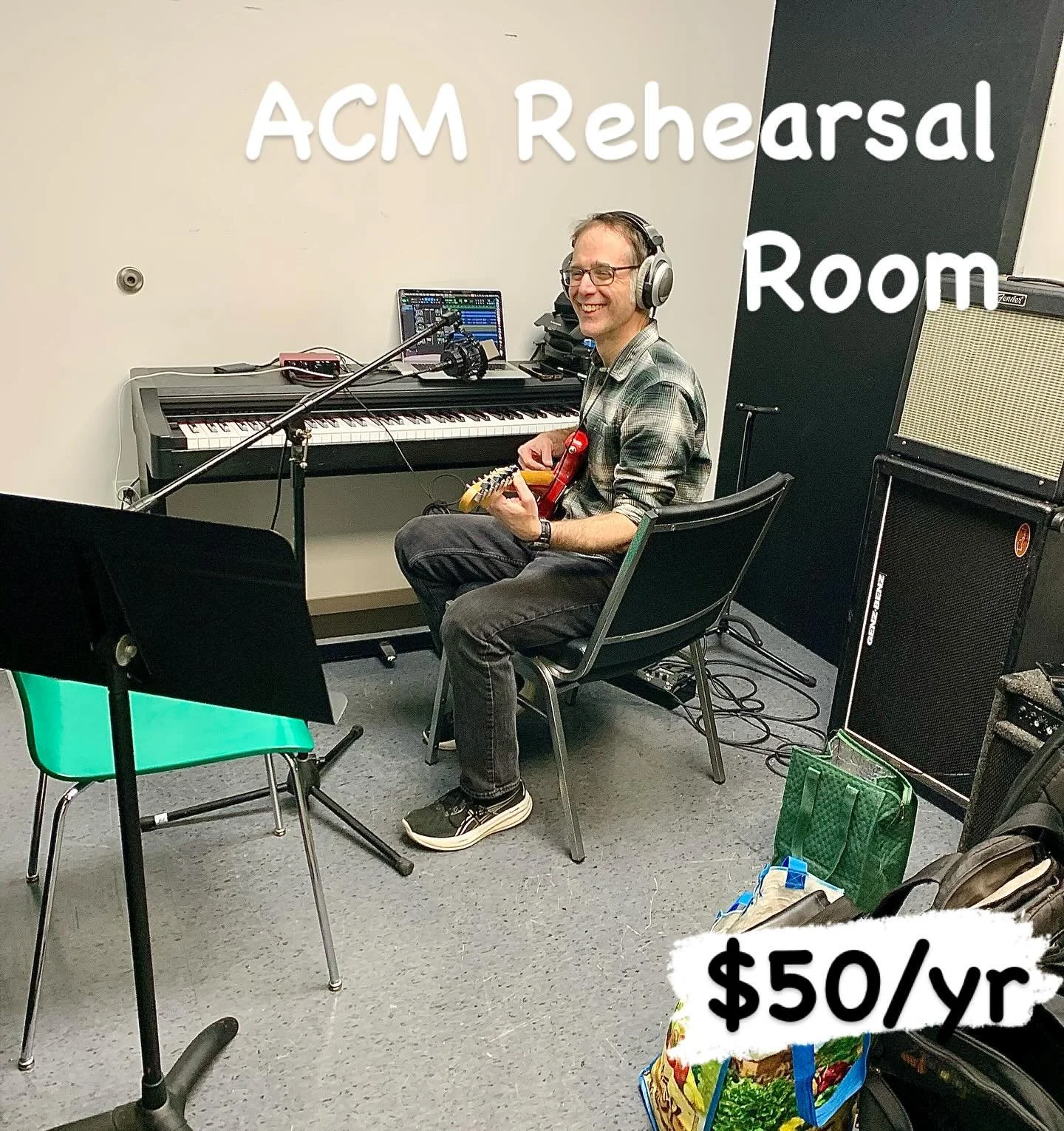 Music member Mike Quinn enjoying some solo practice time in our ACM Rehearsal Room. 

For only $50/year, receive access to the rehearsal room, which has sound-treated walls, a full drum kit, a keyboard, and two amps! Check out our website for more de