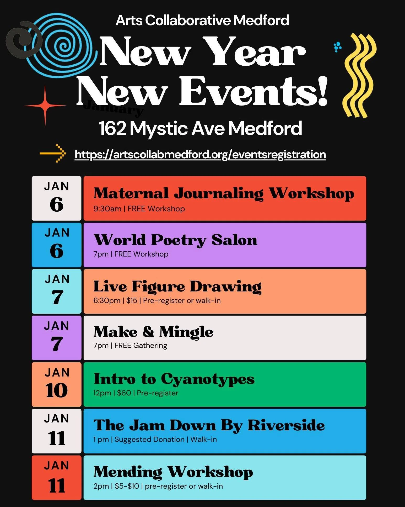 Mark your calendars now for our first week back at ACM! We've got free workshops, classes to learn new skills, and a blues jam! 

#2026events #planahead #eventscalendar #happynewyear #communityartscenter #artscollaborativemedford