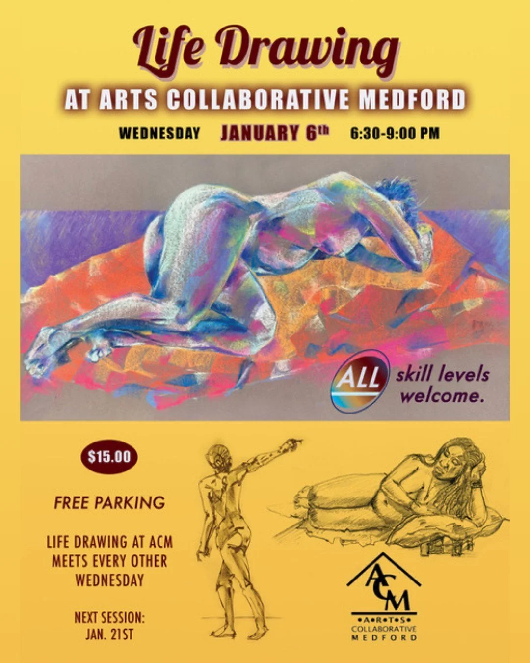 Don't miss what we have in store this week, ACM is back and starting 2026 off strong! 

Live Drawing | Wed 7th | 6:30PM | $15
Make + Mingle | Wed 7th | 7PM | Free
Intro To Cyanotypes | Sat 10th | 12PM | $60
Blues Jam | Sun 11th | 1PM | Pay What You C