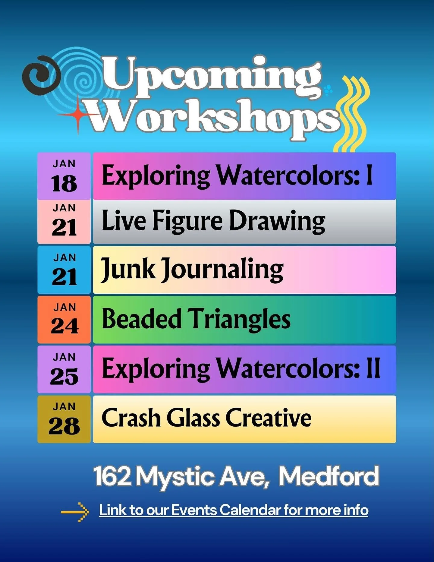 Less scrolling, more making! Some favorite workshops and new offerings are coming to ACM this month. Check out our website&rsquo;s Events Calendar for registration details and a glance at all that you can find to do here.

#artscollaborativemedford #