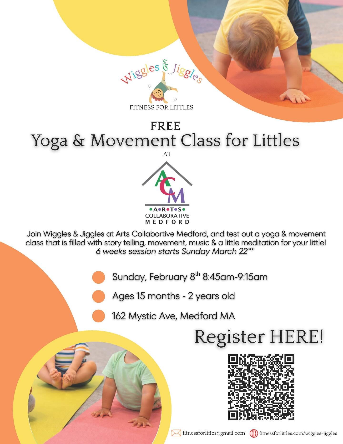 Ages: 6-9 months

Join Wiggles &amp; Jiggles at Arts Collaborative Medford for a 6 week session of yoga &amp; movement classes. Come enjoy fitness fun with your little that is filled with story telling, movement, music &amp; a little meditation!

Cos