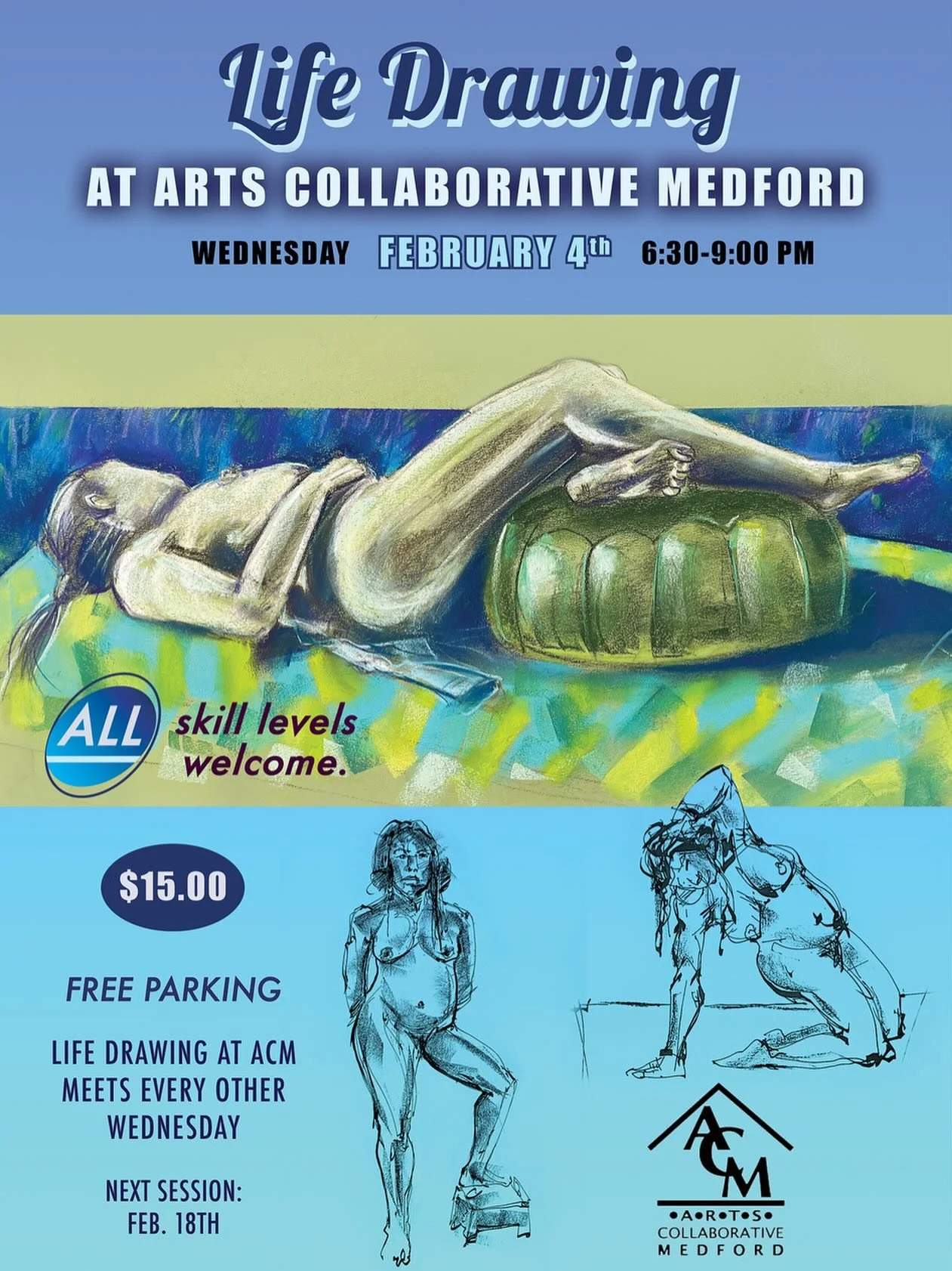 Live Figure Drawing Sessions
Every other Wednesday

$15; pre-register or drop-in

This is a non-instructor lead live drawing session. All sessions are in person, and will be with a nude or lightly clothed model. There will be a studio monitor present