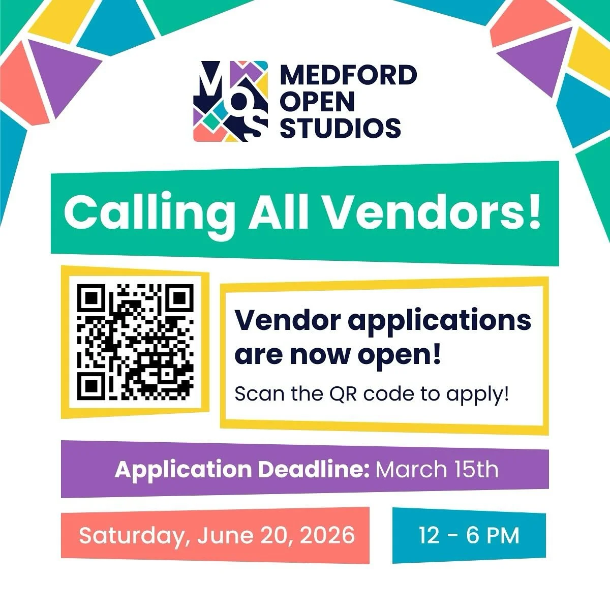 Want to show at the inaugural citywide Medford Open Studios (MOS)? Arts Collaborative Medford is organizing this multi-site event on Saturday, June 20, 2026, and we&rsquo;re now accepting applications from local artists and makers. 

No Medford resid