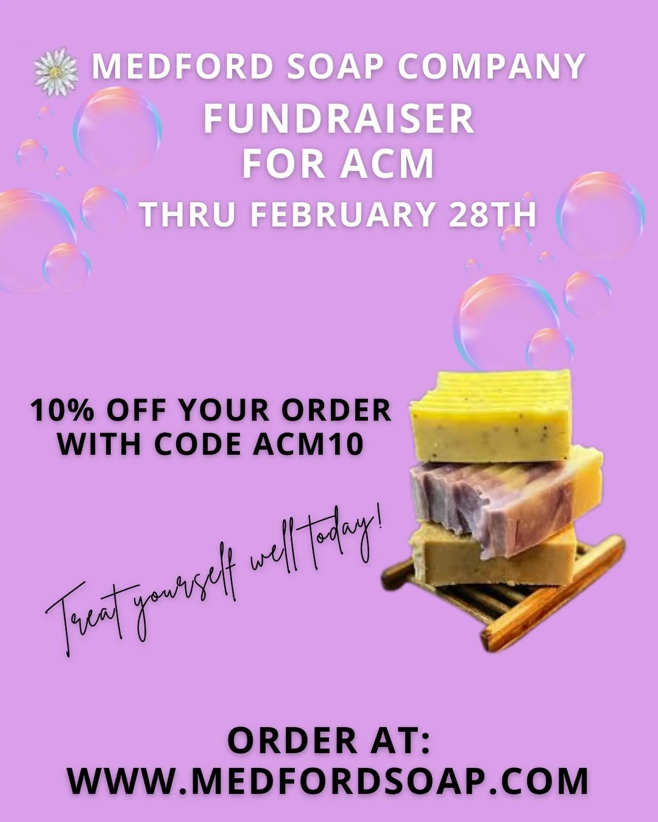 Medford Soap Company has an awesome goal: to give back to their community through donations to local nonprofits. In February ACM is the beneficiary of their generosity! Here&rsquo;s the deal:
You get 10% off your entire order
ACM gets 30% of net sale