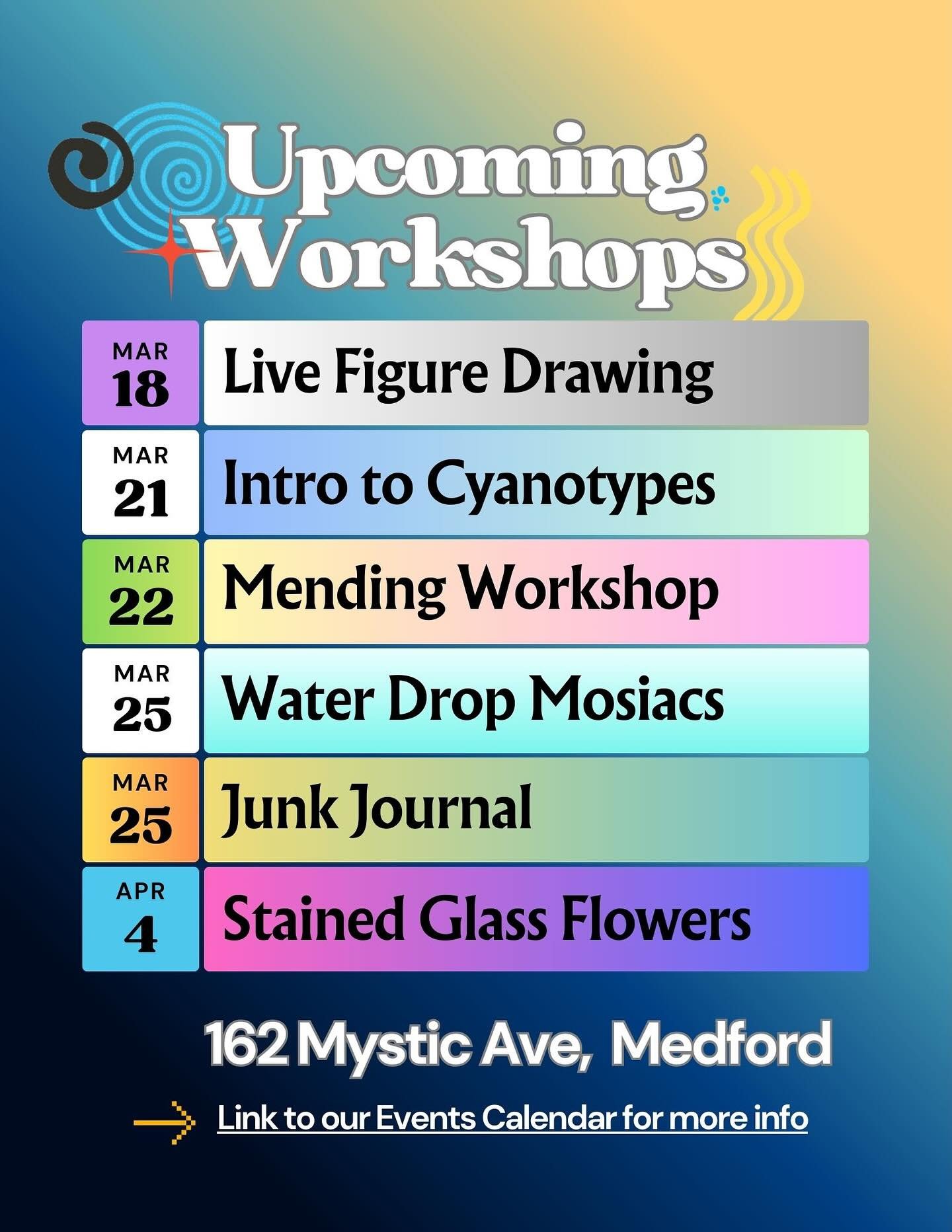 More great opportunities to learn, create, and connect at ACM. Check our online calendar for details and registration info. Enjoy!

#artscollaborativemedford #communityarts #artscenter