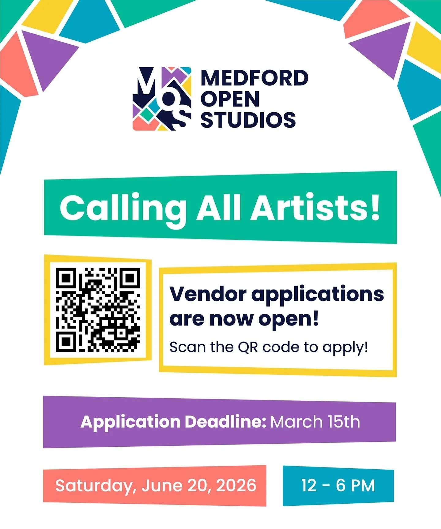 Last weekend to apply! 🔜 Deadline is Sunday, March 15.

Medford Open Studios is now accepting online applications for artist vendors. We have multiple group sites (most indoors) OR you may also register to participate in your own studio/home. All co