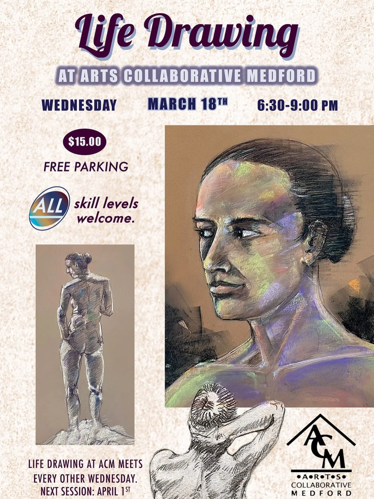 Tomorrow, March 18 at 6:30pm. And every other Wednesday

$15; pre-register or drop-in

This is a non-instructor lead live drawing session. All sessions are in person, and will be with a nude or lightly clothed model. There will be a studio monitor pr