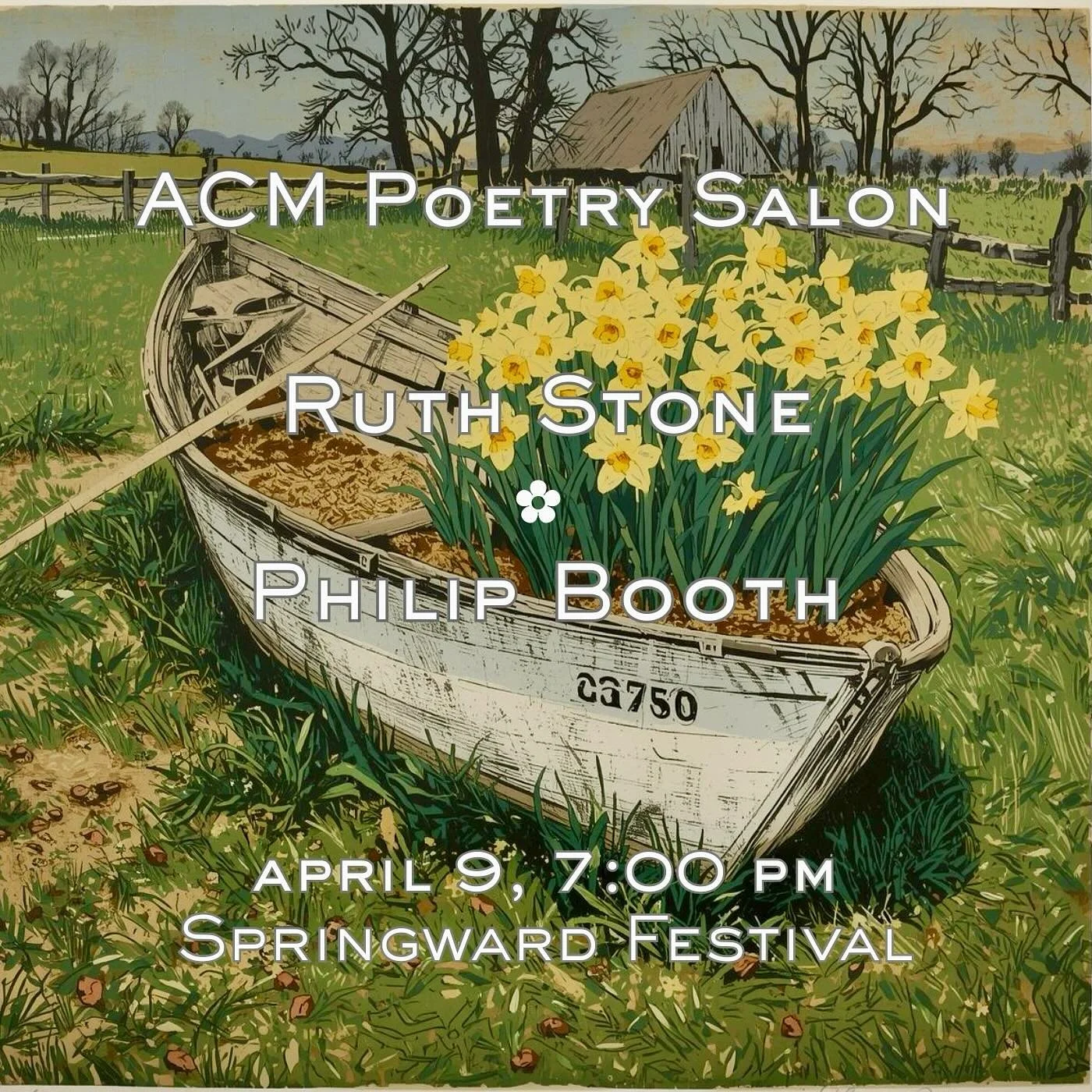 You too can cultivate a vital ecology of attentiveness with our monthly world poetry salon! In April we consider the grace and grit of New England poets Ruth Stone and Philip Booth.

Thursday, 4/9. 7:00&ndash;8:30 pm.
FREE &bull; Poems provided at th