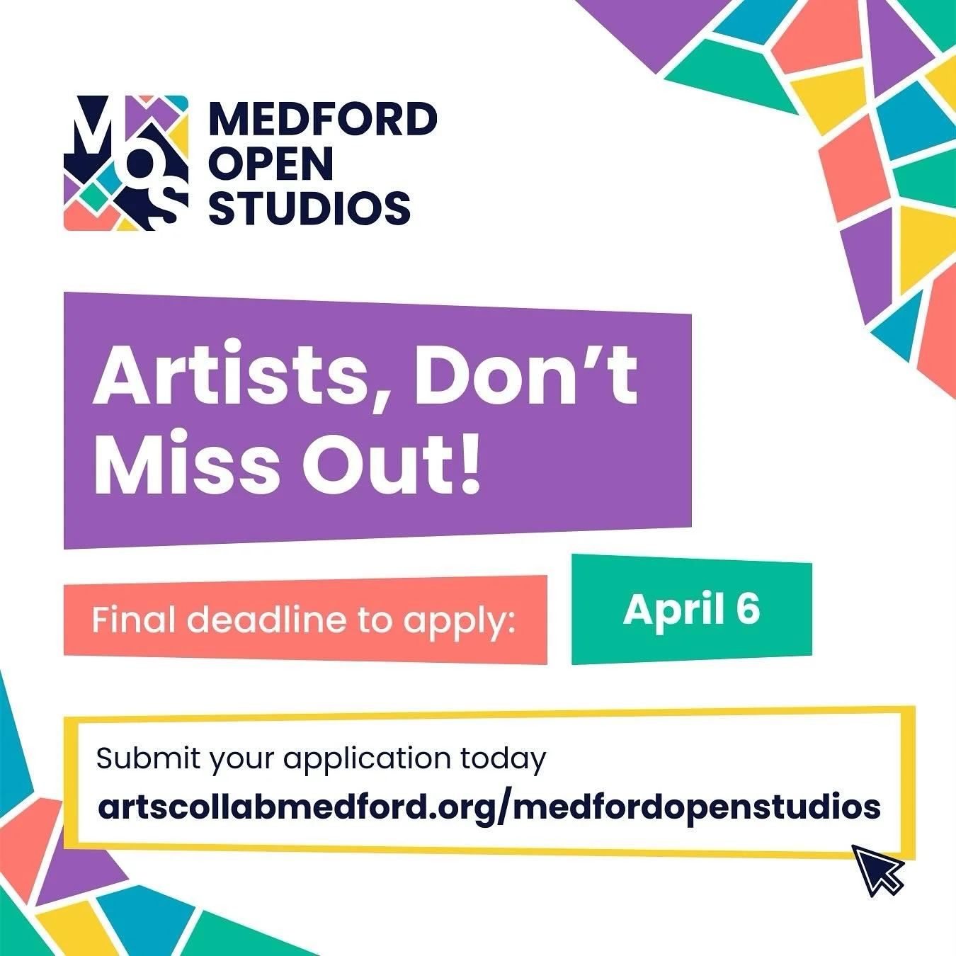 Last chance to apply for a spot to sell your work at Medford Open Studios!

Be part of the first city-wide event of its kind in Medford on June 20. 

#artscollaborativemedford #medfordopenstudios #medfordopenstudios2026