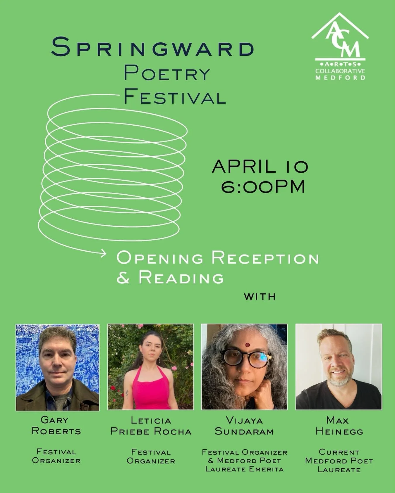 TONIGHT &mdash; The Springward Poetry Festival opens at 6:00 with a reception and four Medford poets! General admission is $20, and $5 for students.

Join us to help celebrate National Poetry Month with light refreshments from @simplefarecatering plu