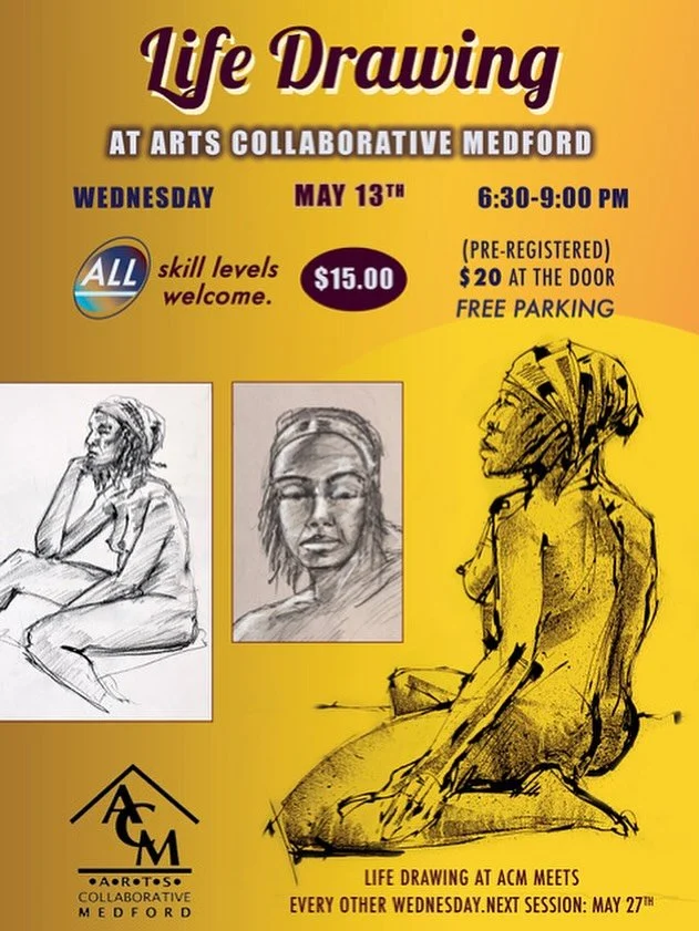 Live Figure Drawing Sessions
Wednesday, May 13, at 6:30, and every other Wednesday each month. 

$15 pre-register on the ACM website 
$20 drop-in at the door 

This is a non-instructor lead live drawing session. All sessions are in person, and will b