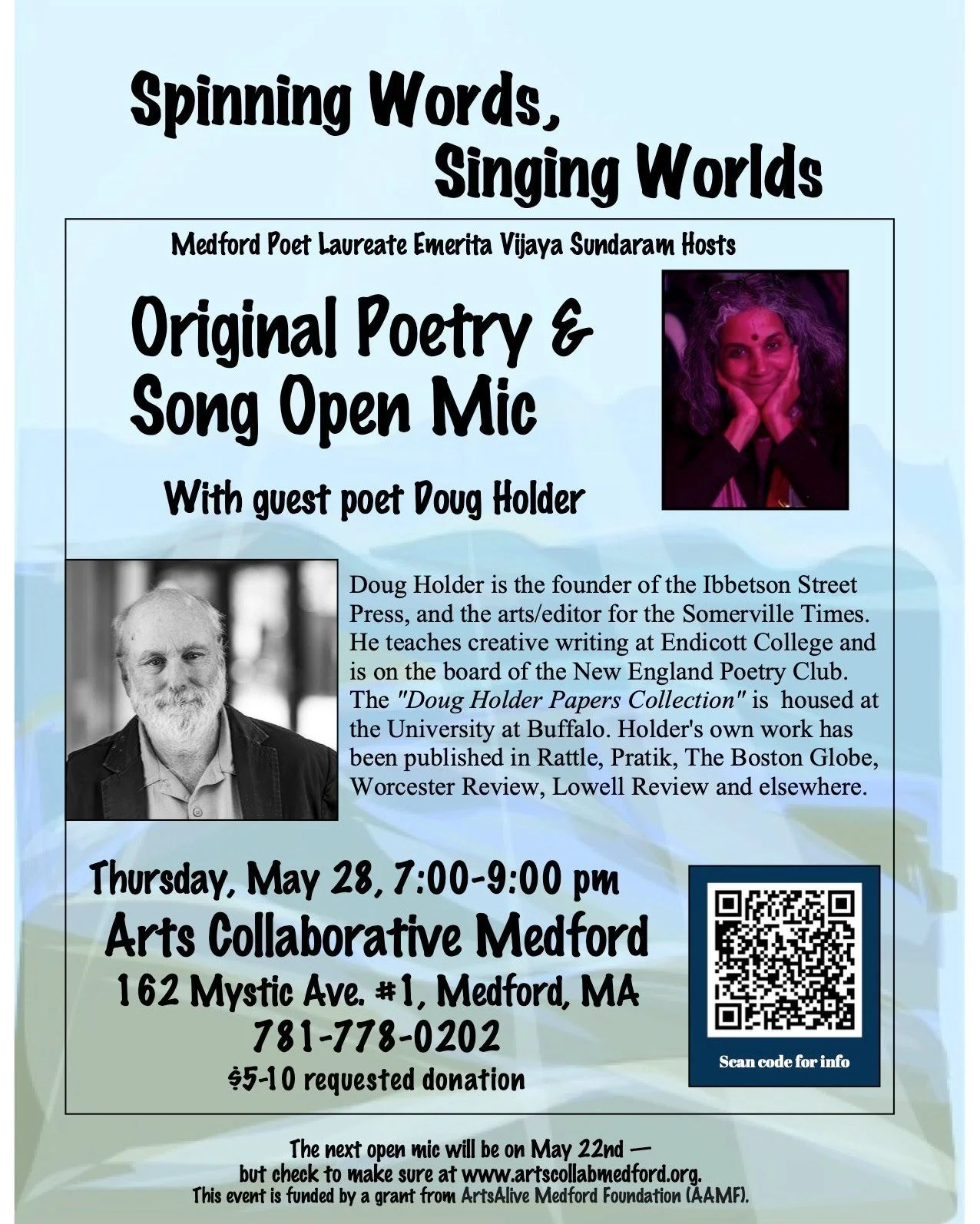 One week away! ✨ Join us for our monthly Original Poetry Open Mic hosted by Vijaya Sundaram, Medford Poet Laureate Emeritus (2023&ndash;2025). Poets, dreamers, storytellers, and writers of all kinds are invited to share original work in a welcoming a