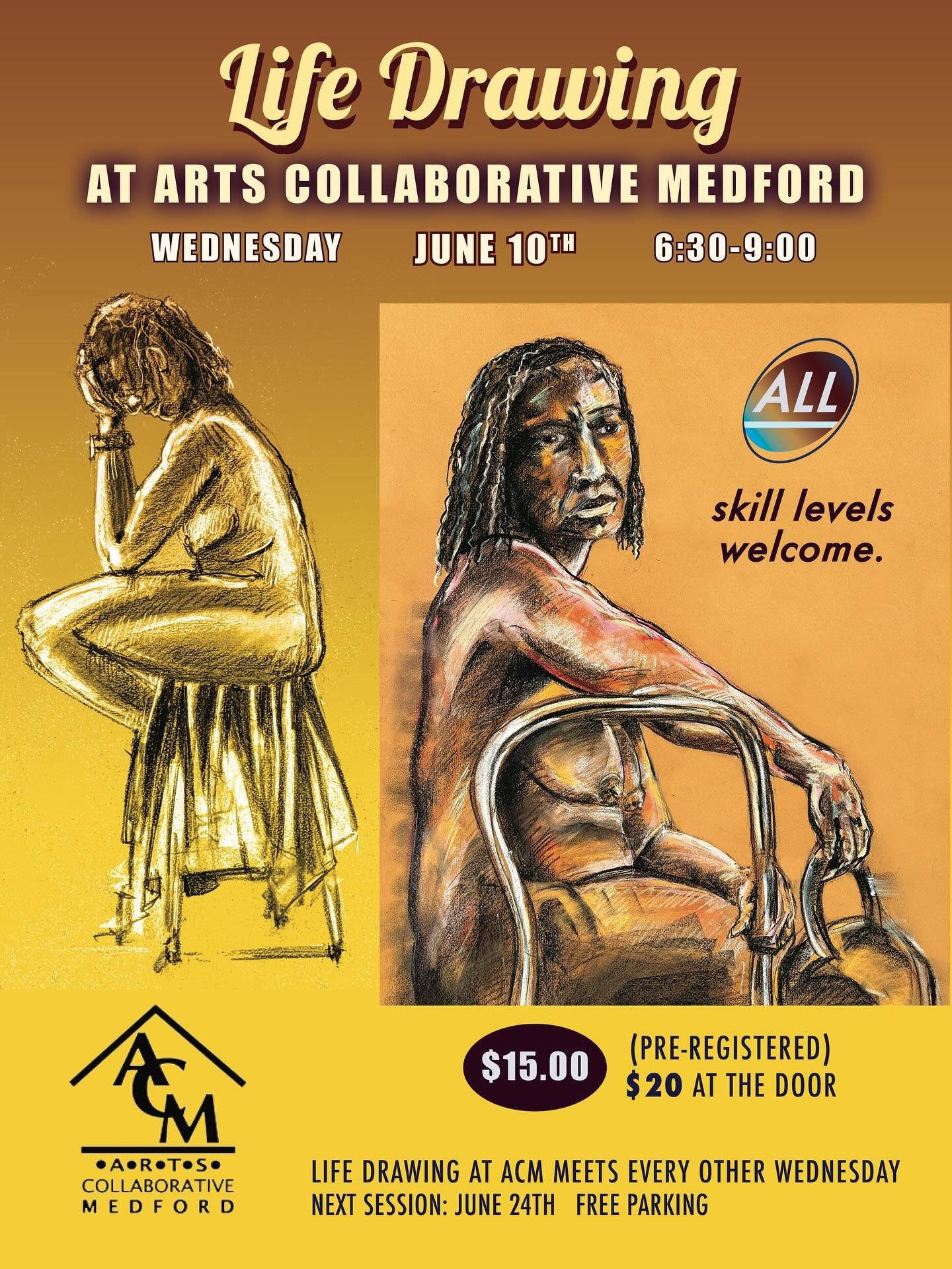 Live Figure Drawing Sessions
June 10, 6:30&ndash;9:00pm
And every other Wednesday

$15 if you pre-register
$20 for drop-in at the door 

This is a non-instructor lead live drawing session. All sessions are in person, and will be with a nude or lightl