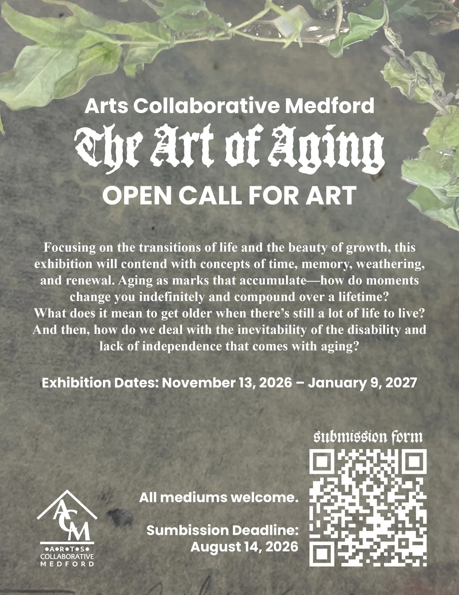 Have you been wanting a chance to show your work in the ACM Gallery? Now's your opportunity.

Arts Collaborative Medford is accepting submissions for The Art of Aging, an upcoming group exhibition exploring the transitions of life and the beauty of g