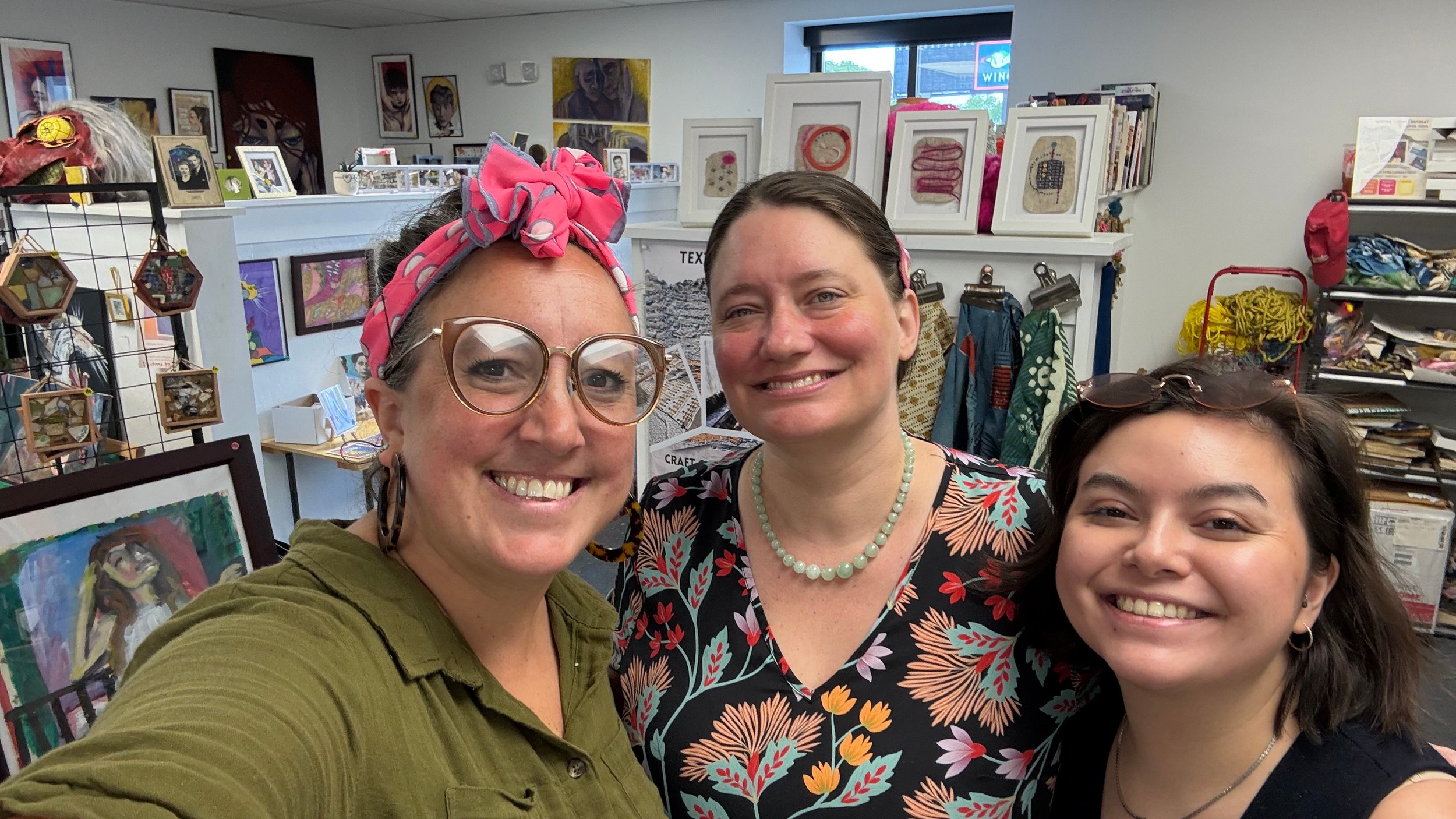 Meet the three studio artists behind Make + Mingle!

Christine started these monthly gatherings over a year ago to make our space more accessible and welcoming to the community. Emily recently helped increase the frequency, so now we're gathering alm