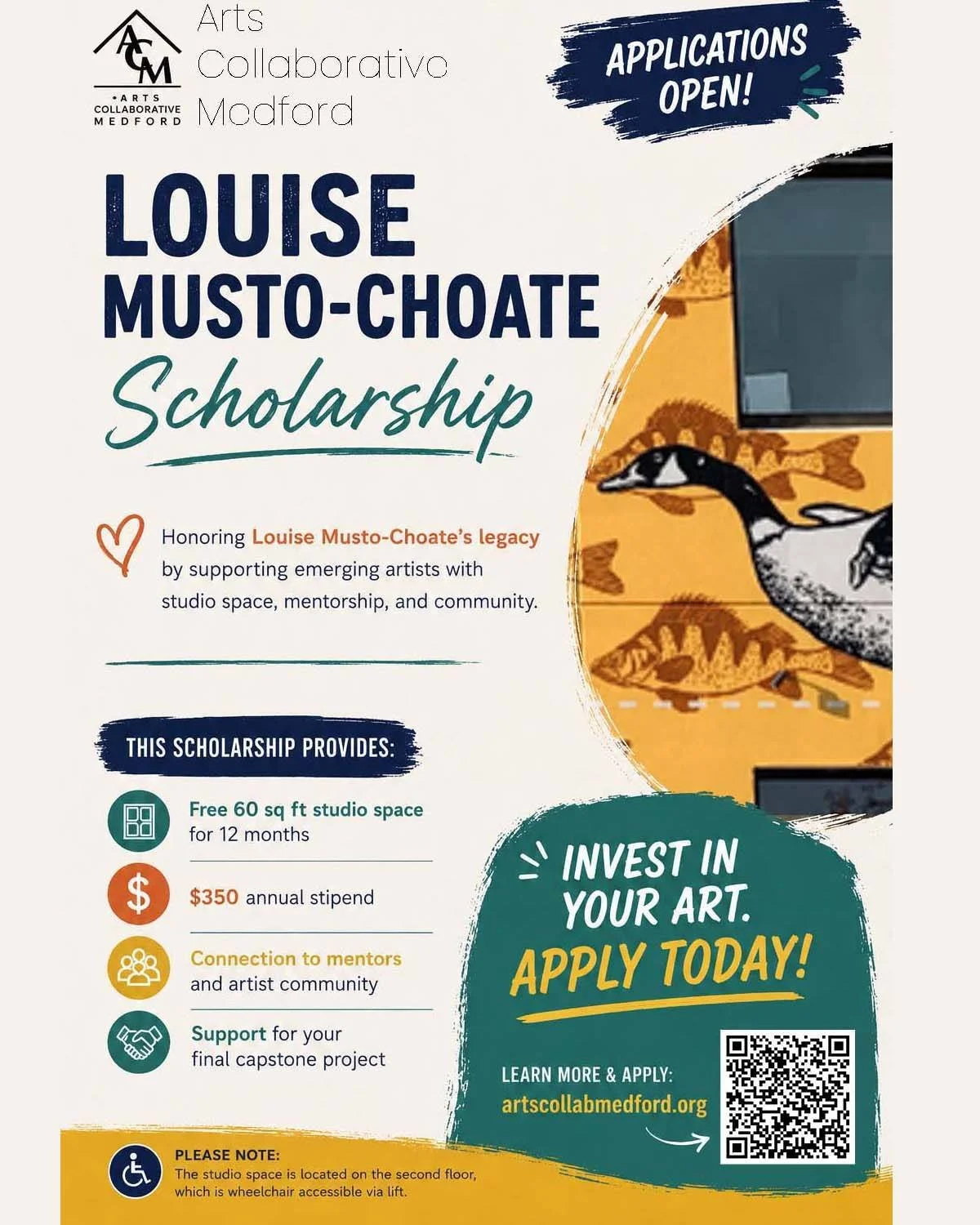 Applications are OPEN!

Annually, ACM provides free studio space, professional mentorship, and a supportive environment to two emerging artists. We focus on uplifting and empowering artists who can be overlooked due to inequitable power structures in