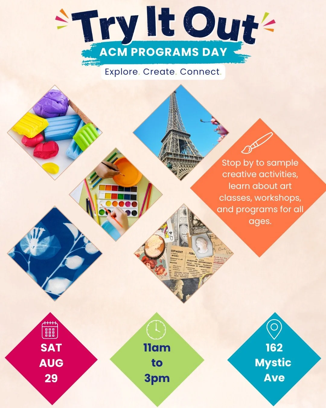 Come try something new! 🎨

Join us next Saturday 8/29 for Try It Out Program Day&mdash;a free, open-to-the-public event where you can get a taste of what&rsquo;s coming up at ACM this fall.

Explore five hands-on demo tables featuring cyanotypes, wa