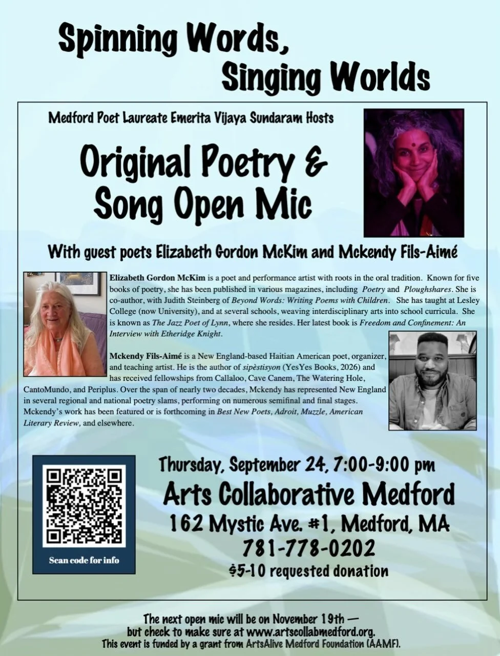 Our popular open mic series is back! This week your host Vijaya Sundaram welcomes two guest poets&mdash;Elizabeth Gordon McKim and Mckendy Fils-Aim&eacute;. 

Share your work as well or simply enjoy the performances! 

Thursday, September 24, 7:00&nd