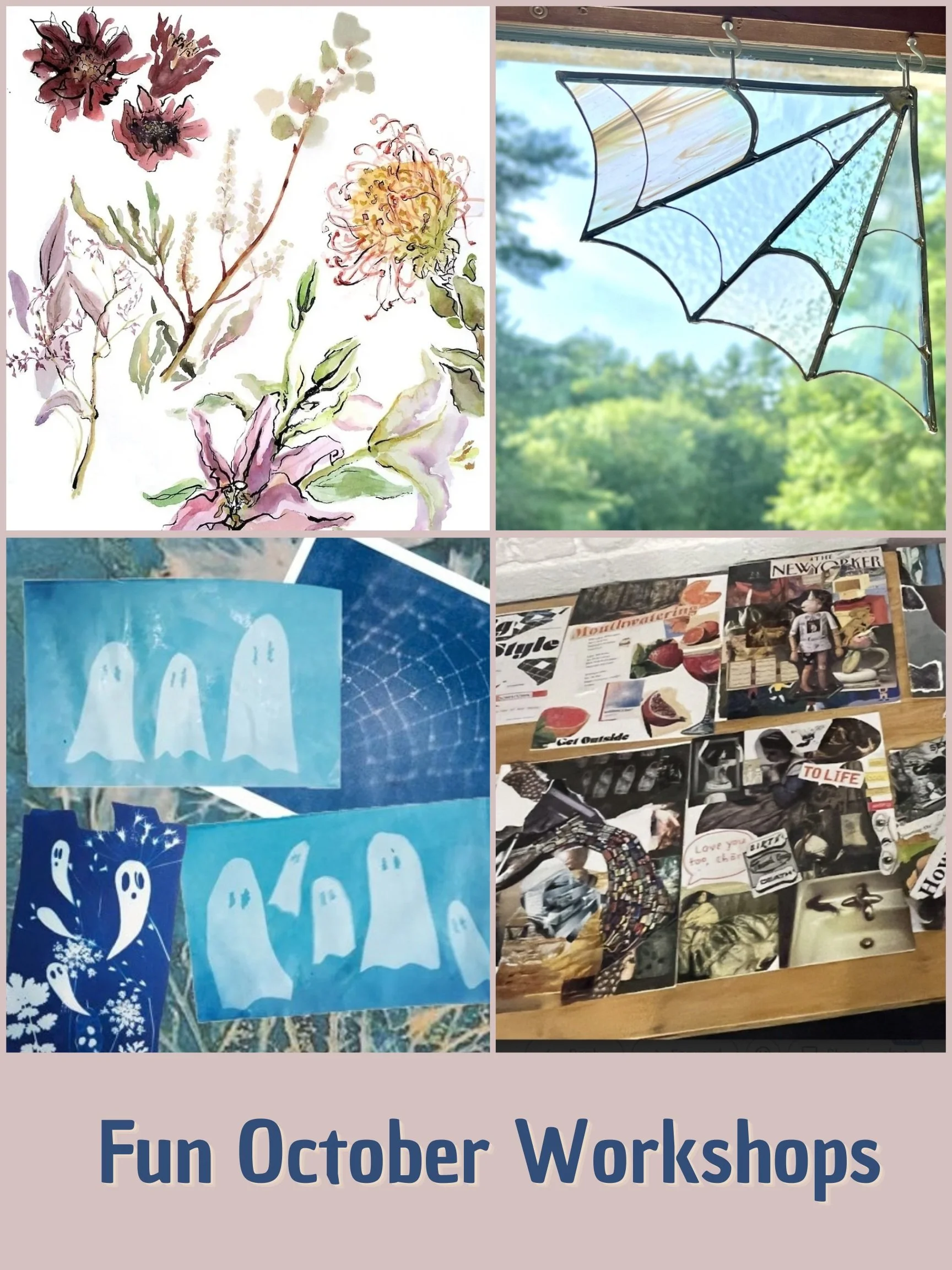 Coming in October&mdash;morning, afternoon, and evening workshops to fit your schedule. Check out some of these creative experiences that explore different media and techniques:

❧ Stained Glass Spider Web, 10/9
❧ Collage, 10/9
❧ Intro to Watercolor,