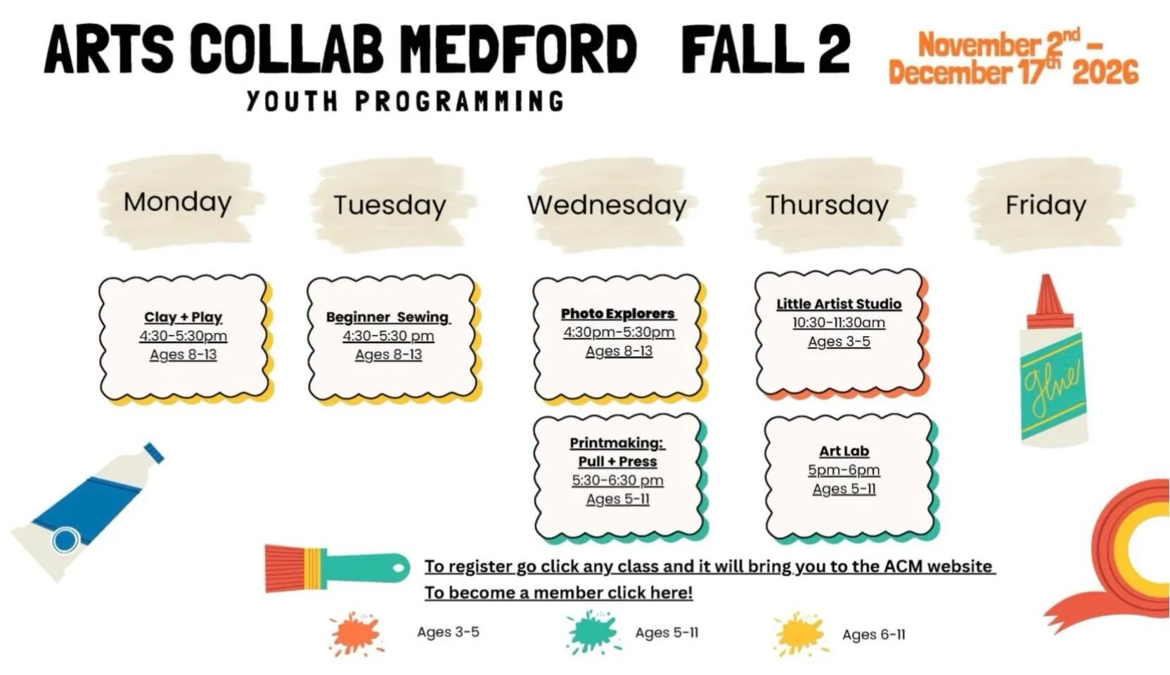 Seven weeks of afterschool kids programming is rolling out this fall, from November 2 until December 17.

Clay, printmaking, sewing, mixed media and more will be offered in different afternoon classes Mondays through Thursdays.

Registration options 