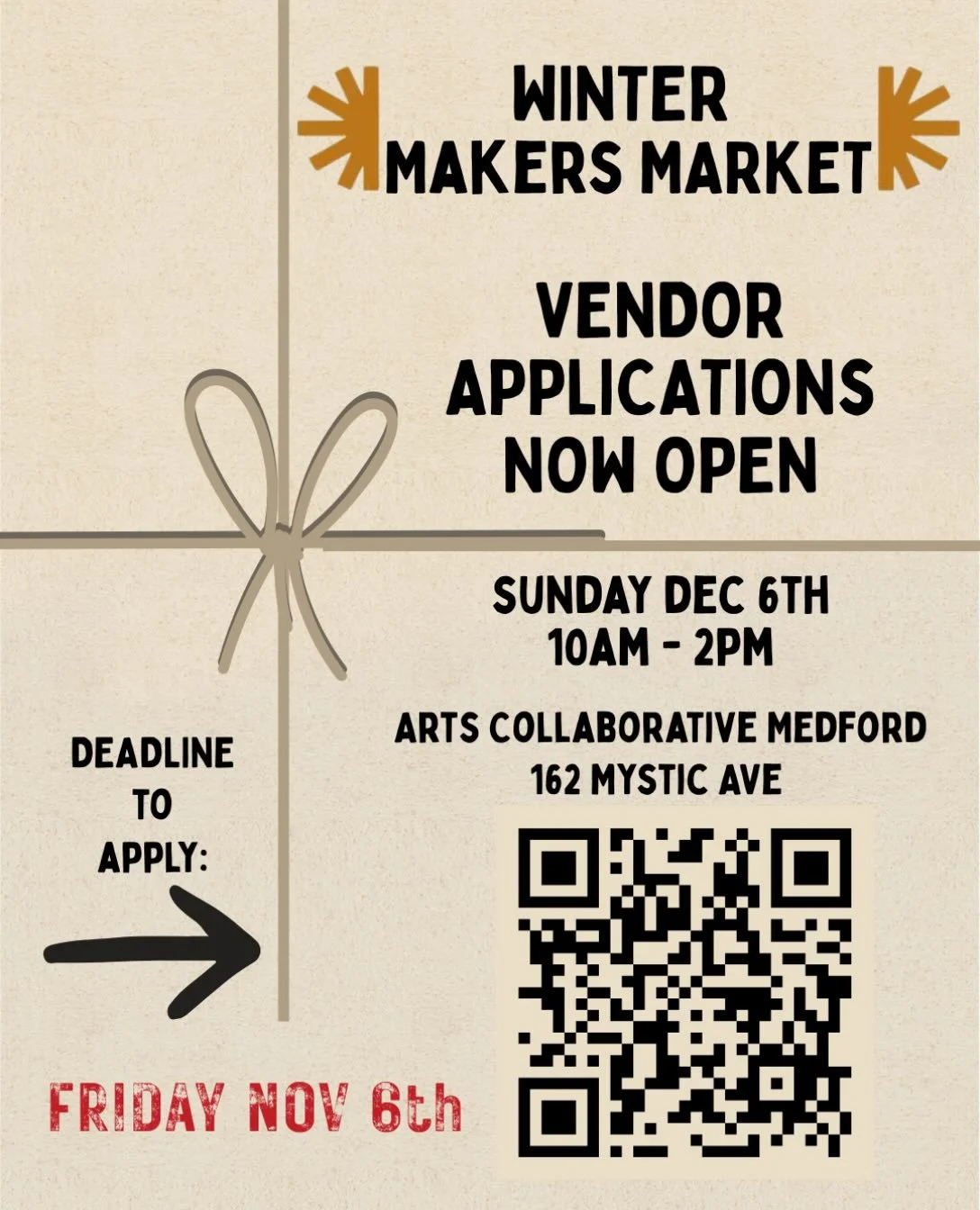 Vendors can apply now for the Winter Makers Mart. Due November 6.

Winter Makers Market returns this December for a festive day of shopping, art, and community! Join Arts Collaborative Medford and Arts Medford on Sunday, December 6 from 10AM&ndash;2P