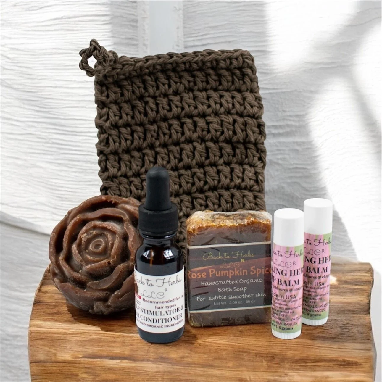 Rose-Shaped Shampoo Bar Gift Set – Rose Pumpkin Spice Soap, Leave-In Hair Oil Conditioner & 2 Herb Lip Balms