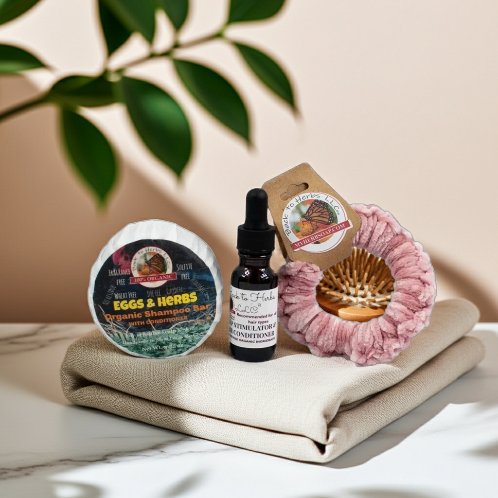 Eggs & Herbs Organic Hair Care Gift Set – Shampoo Bar, Botanical Leave-In Oil & Scrunchie