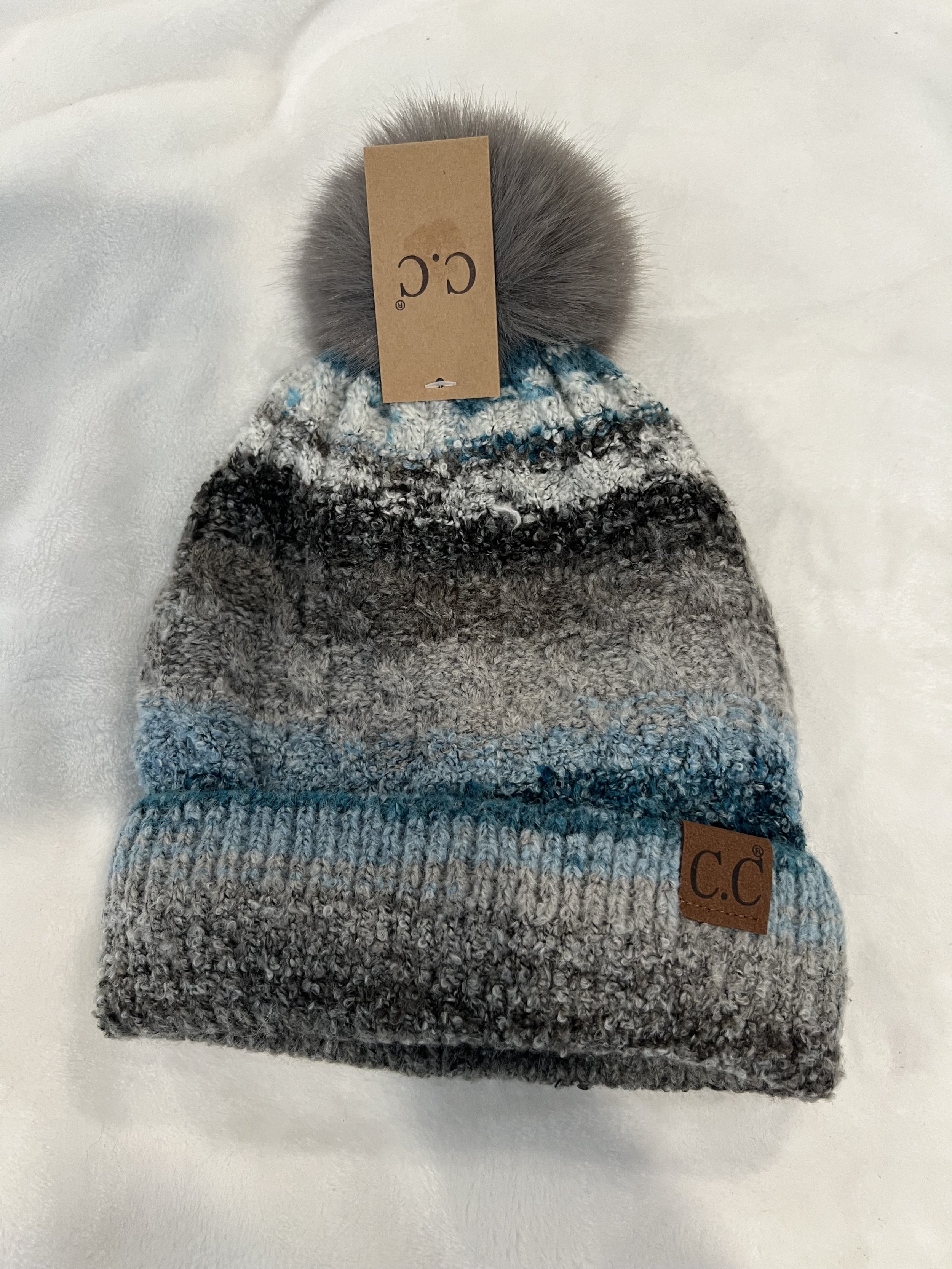 C.C Pom-Pom Beanie - Gray and Blue