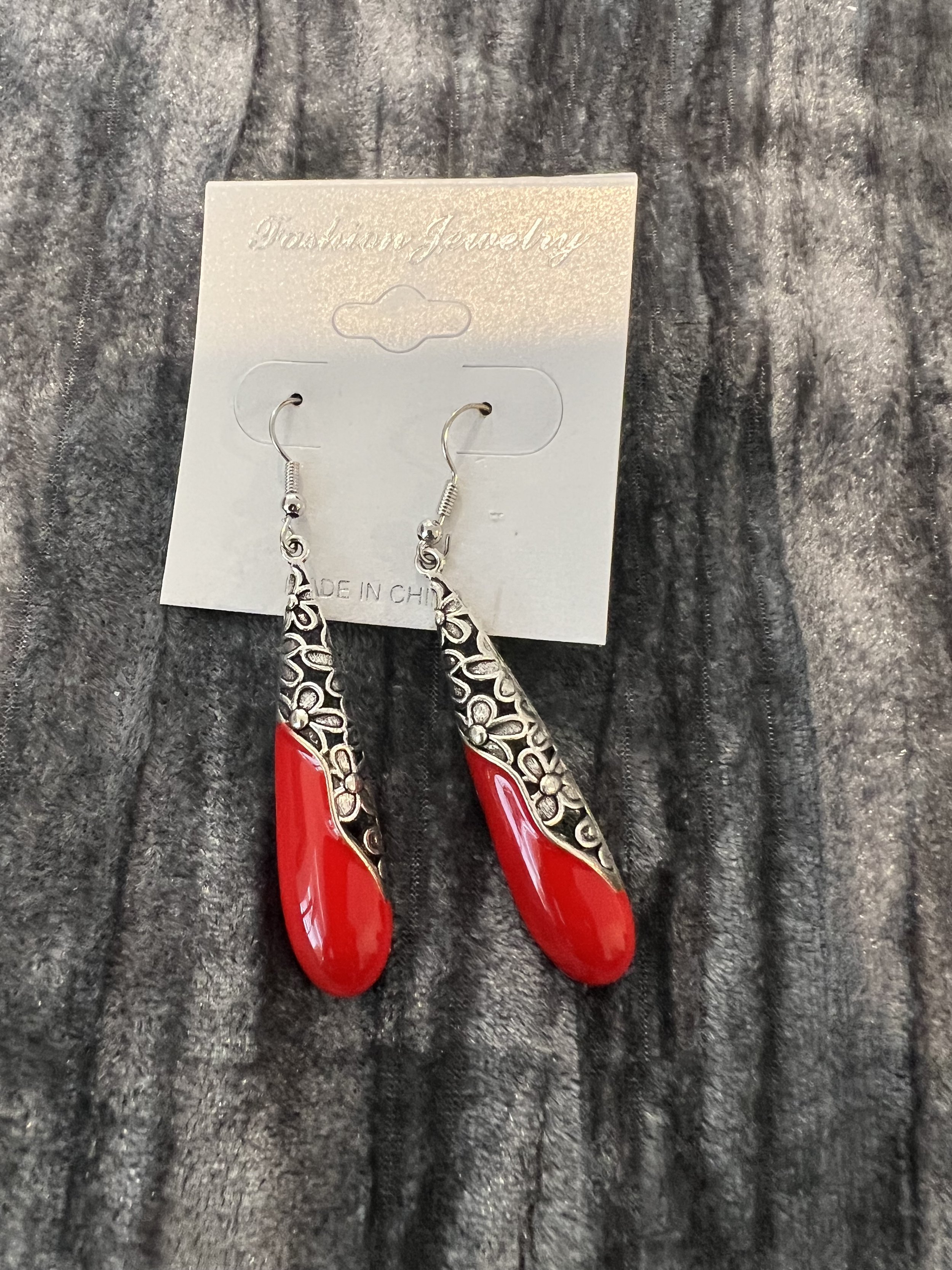 Red and Silver Teardrop Earrings