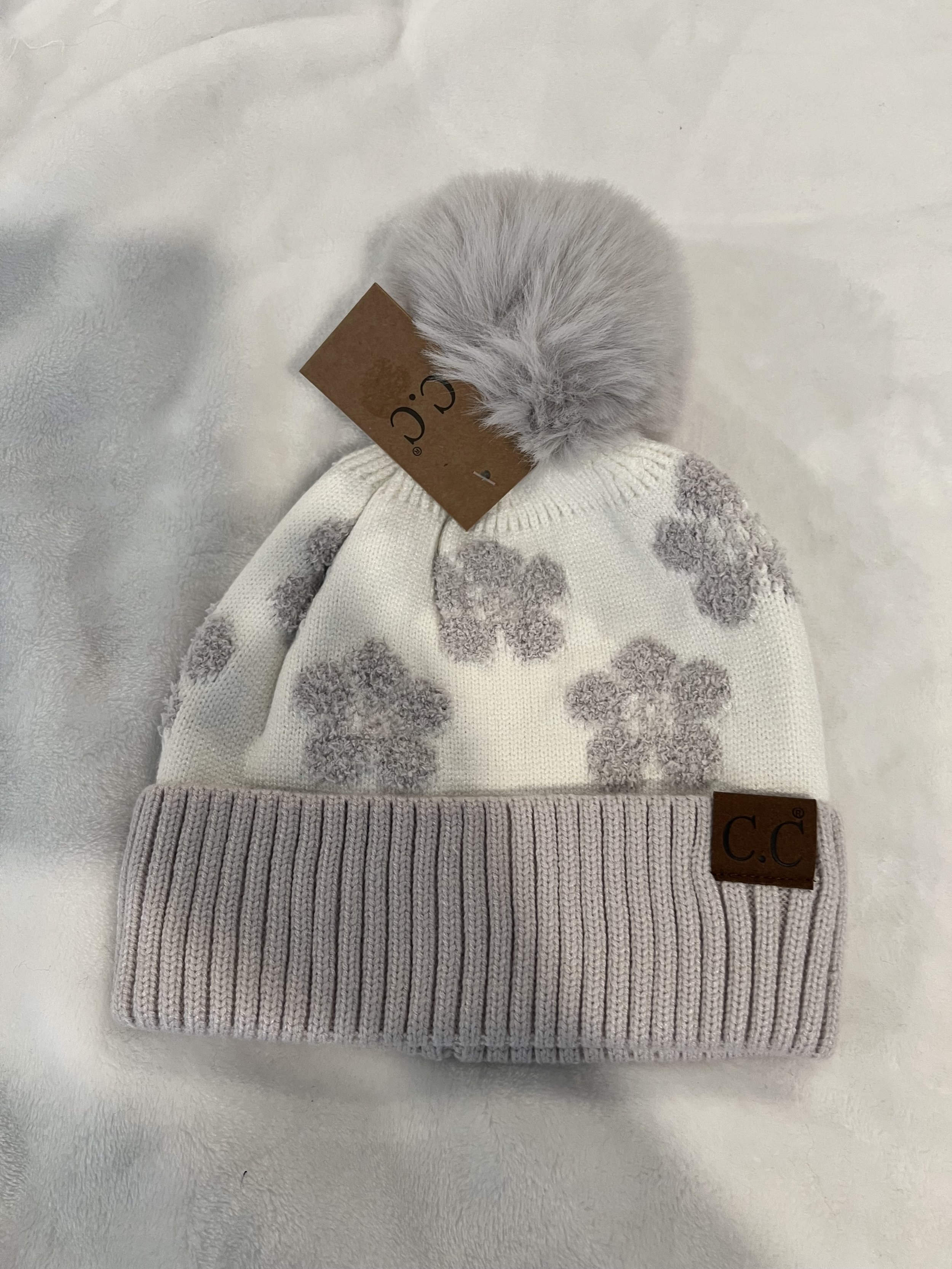 C.C Pom Pom Beanie - White and Grey