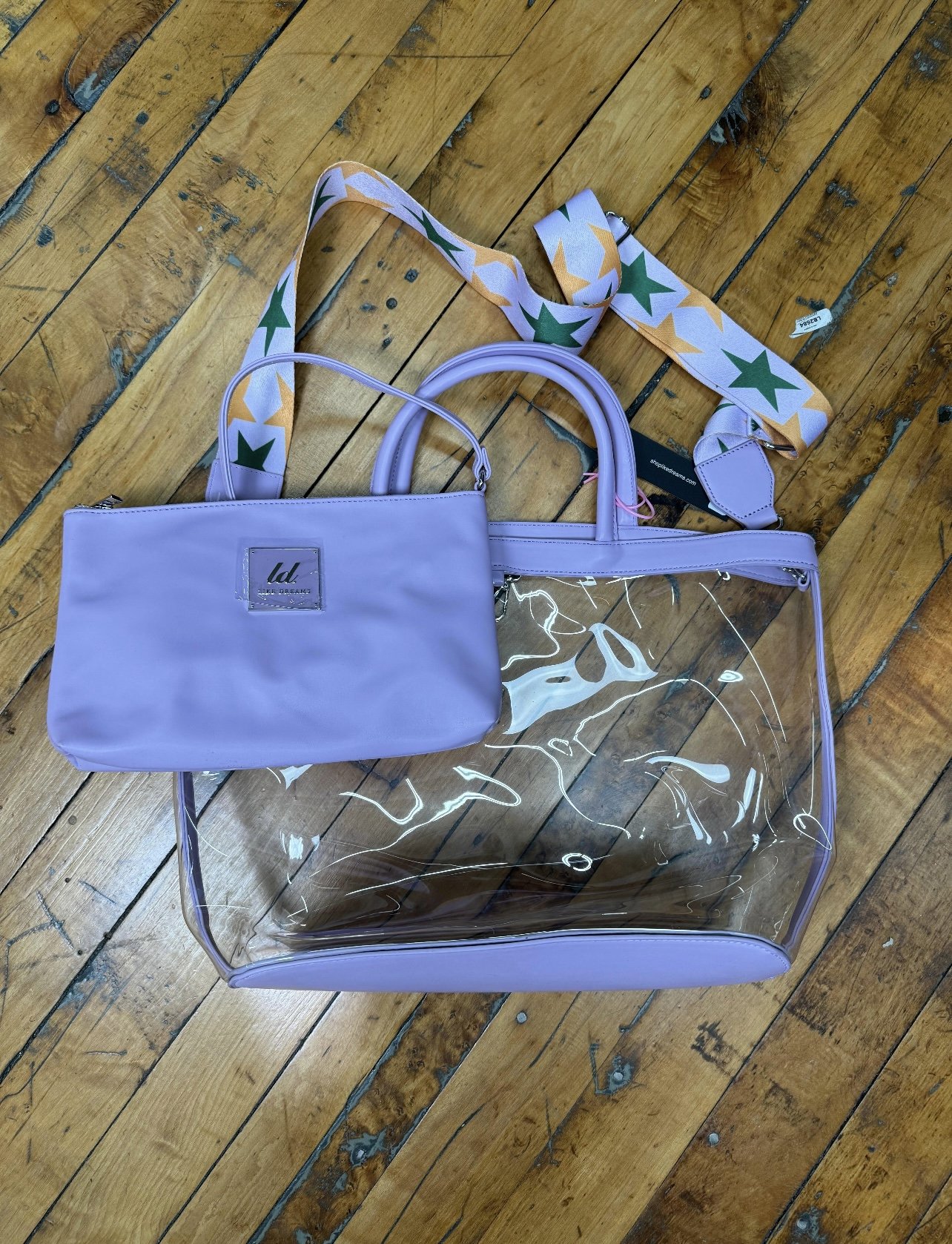 Lavender leather clear tote bag Comes with guitar strap Small leather pouch By like dreams