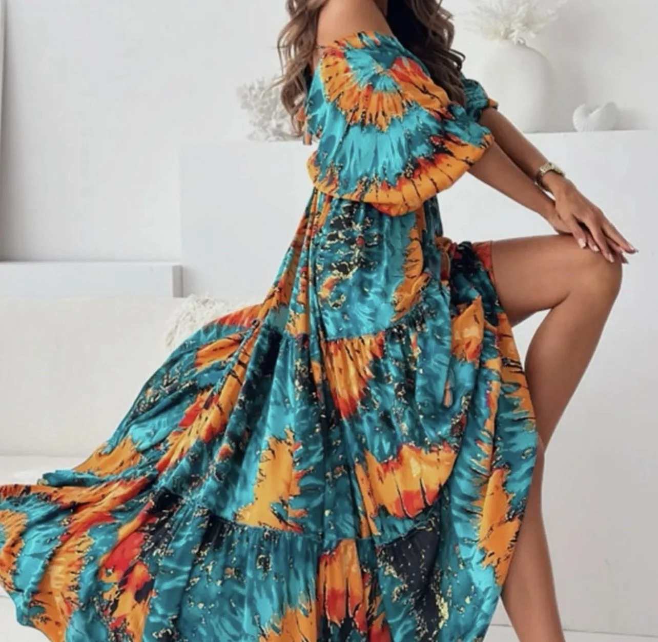Zendaya Patterned Batwing Maxi Dress-Orange
