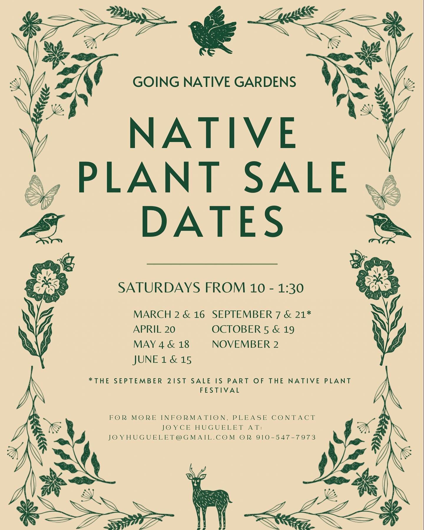 A reminder of native plant sale dates with our friends at Going Native Gardens! 

#nativeplantsales #buynativeplants #wildbirdandgarden #shopsmall #localbusiness #familyownedbusiness #wilmingtonnc #supportsmallbusiness #shoplocalilm #smallbusiness