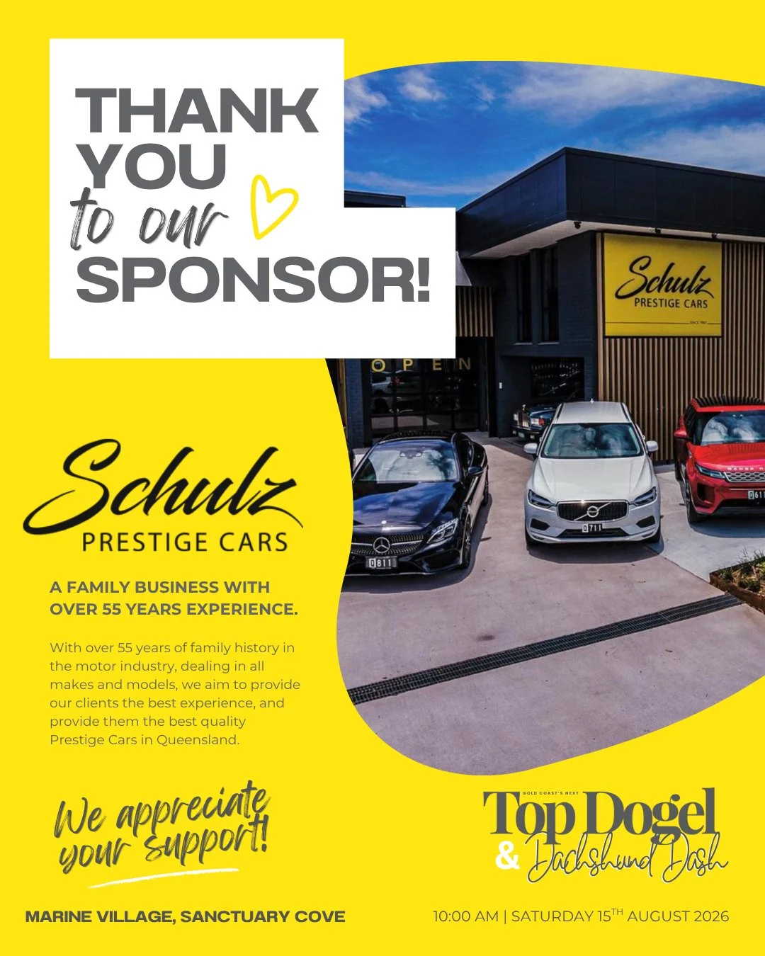 🐾 THANK YOU TO OUR DACHSHUND DASH SPONSOR 🏁

A big thank you to Schulz Prestige Cars for supporting one of the most loved (and chaotic 😅) events of the day &mdash; the Dachshund Dash 🌭💨

A proud family business with over 55 years in the motor in