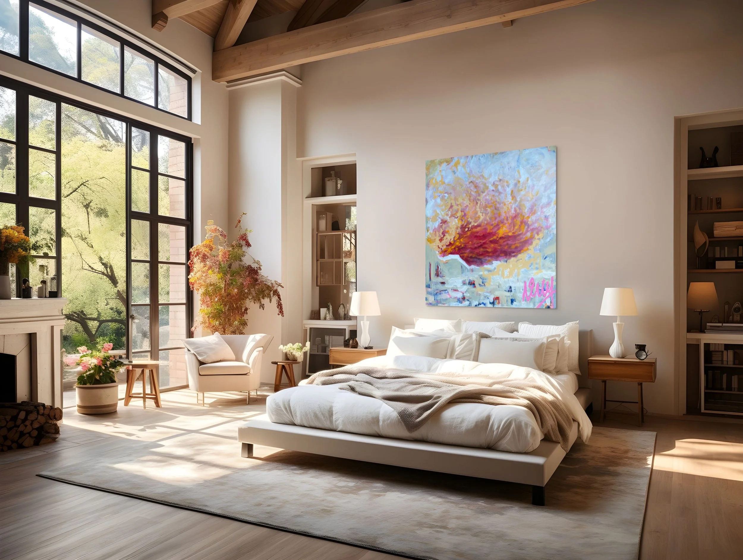 Bright bedroom with a large bed, white linens, and two nightstands with lamps. A colorful abstract painting hangs above the bed. There is a large window with black frames letting in natural light, and a cozy sitting area with an armchair, side table, and potted plants by the window.