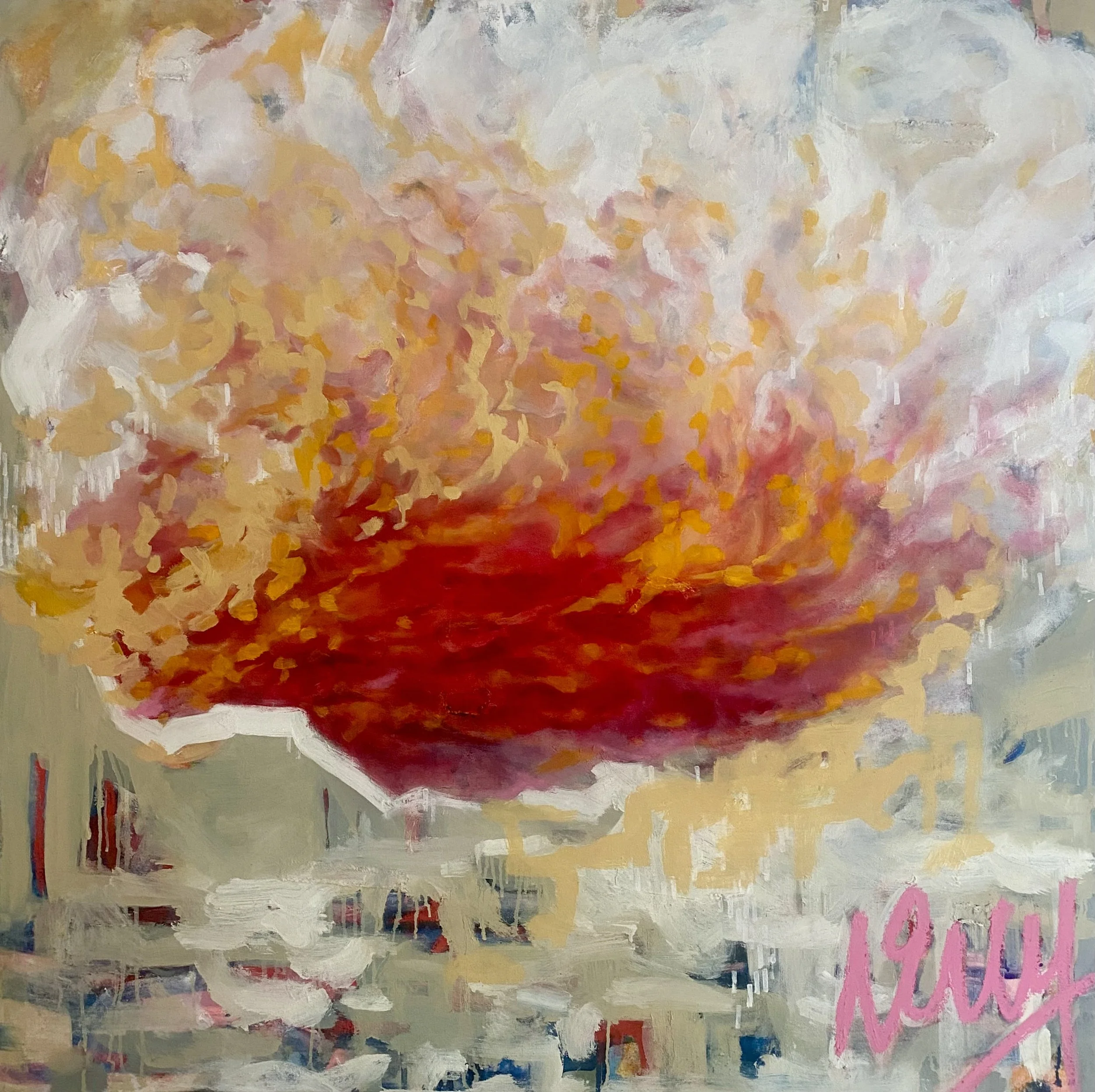 Abstract painting with vibrant, swirling colors including red, pink, yellow, and white, with some details in darker hues and a pink signature in the lower right corner.