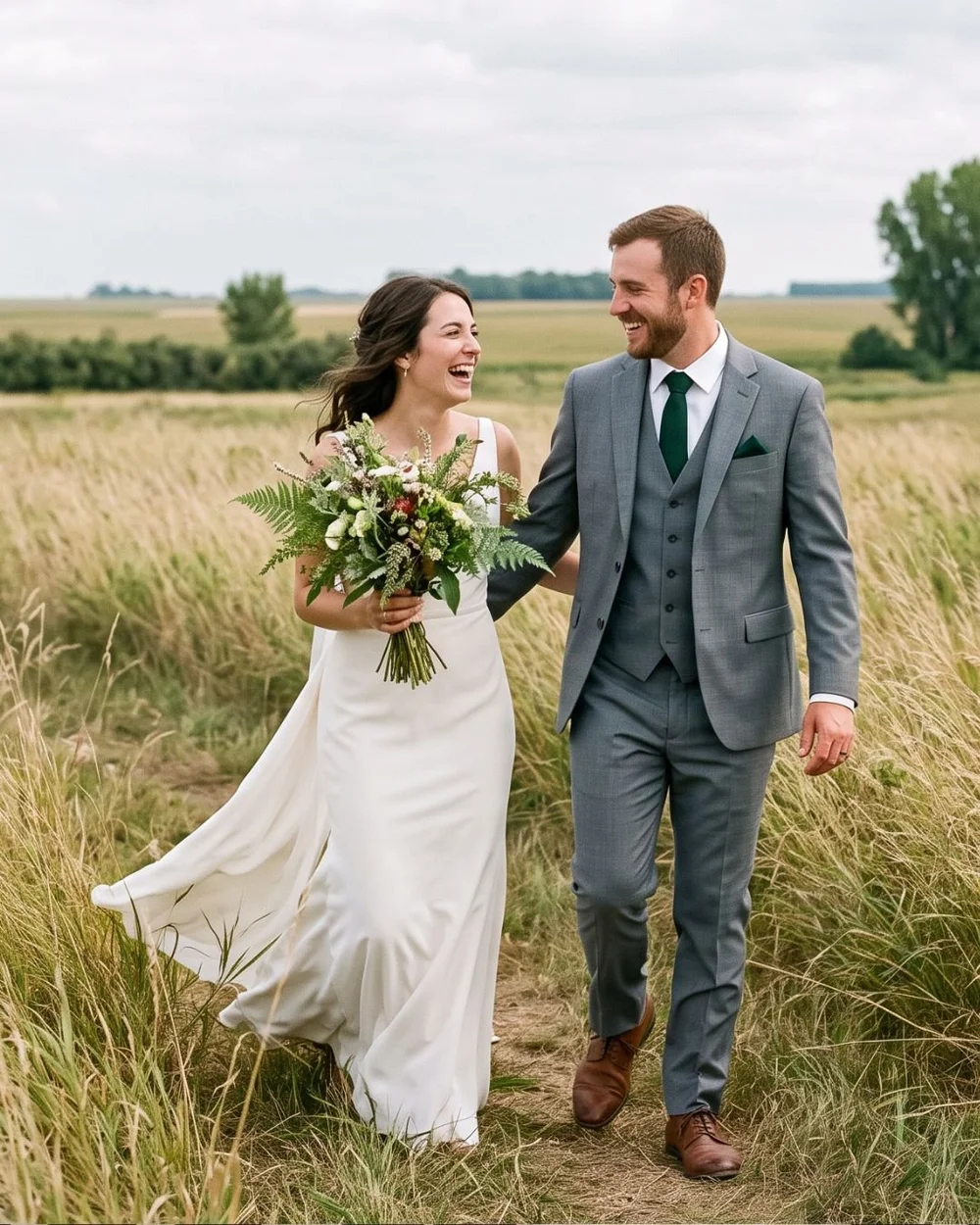 Bride and groom walking through a prairie field, groom in a gray three-piece suit