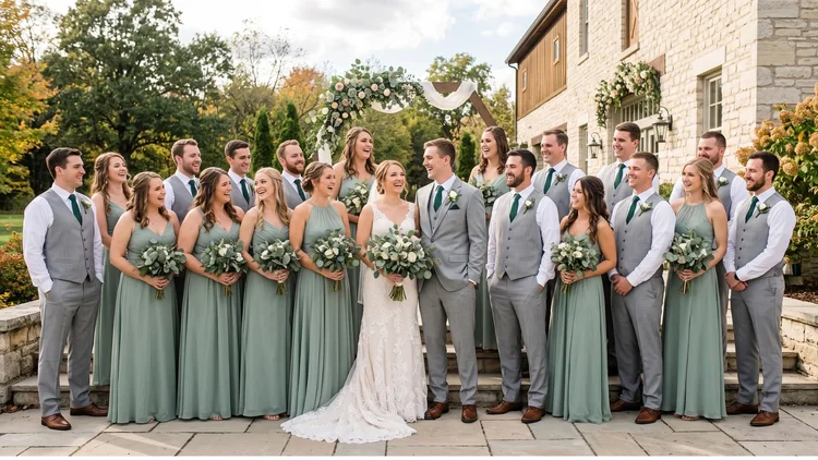 Large wedding party in gray suits and bridesmaids in sage dresses