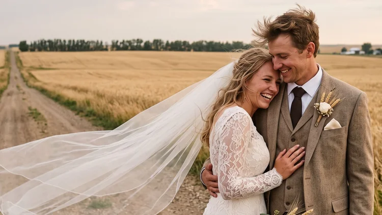 Couple embracing in a wheat field at golden hour, groom in a tan suit