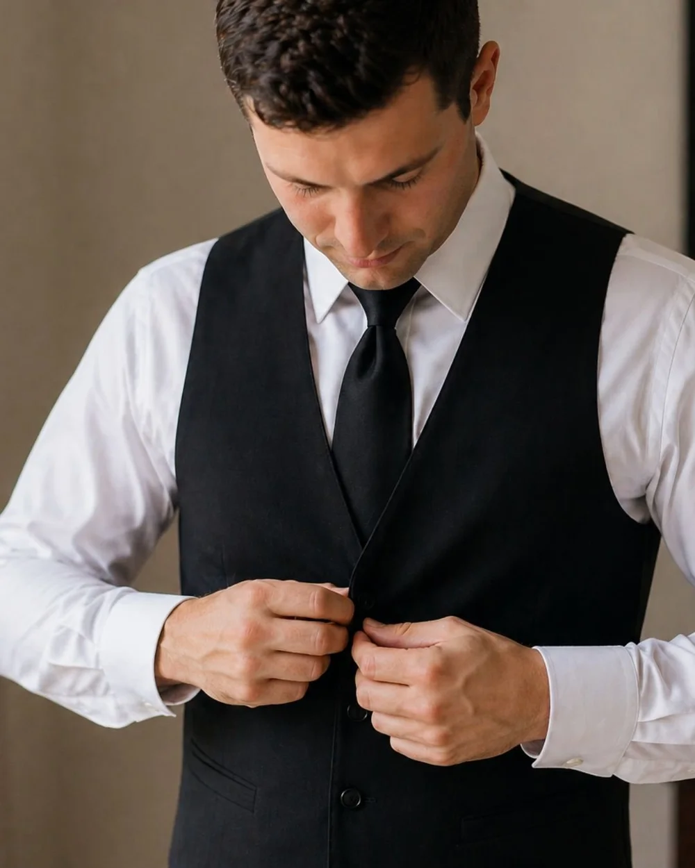 Groom buttoning a black vest over a white dress shirt and black tie