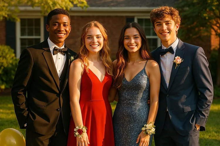 Two prom couples posing together, the guys in a black tuxedo and a navy suit