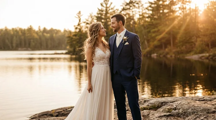 Bride and groom in a navy suit beside a lake at sunset