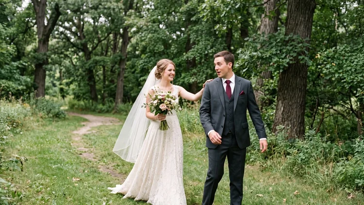 Bride and groom in a charcoal suit in a wooded clearing