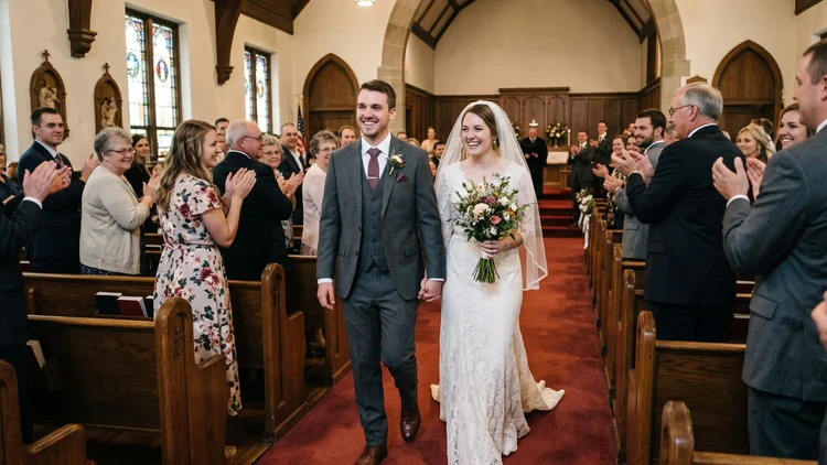 Newlyweds walking up the church aisle as guests applaud, groom in a charcoal three-piece suit