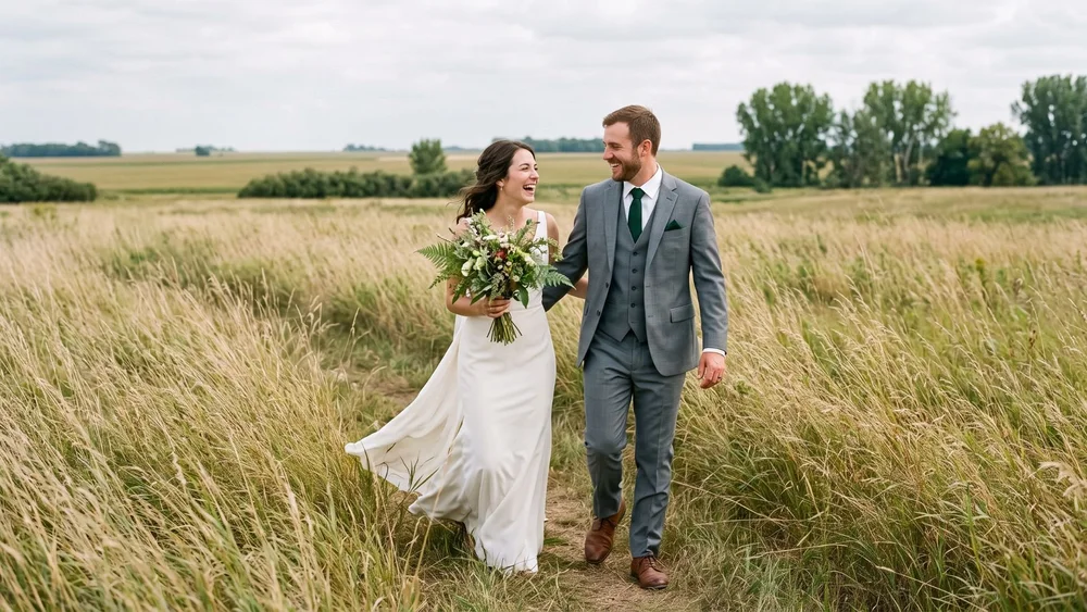 Bride and groom walking through tall prairie grass, groom in a gray suit
