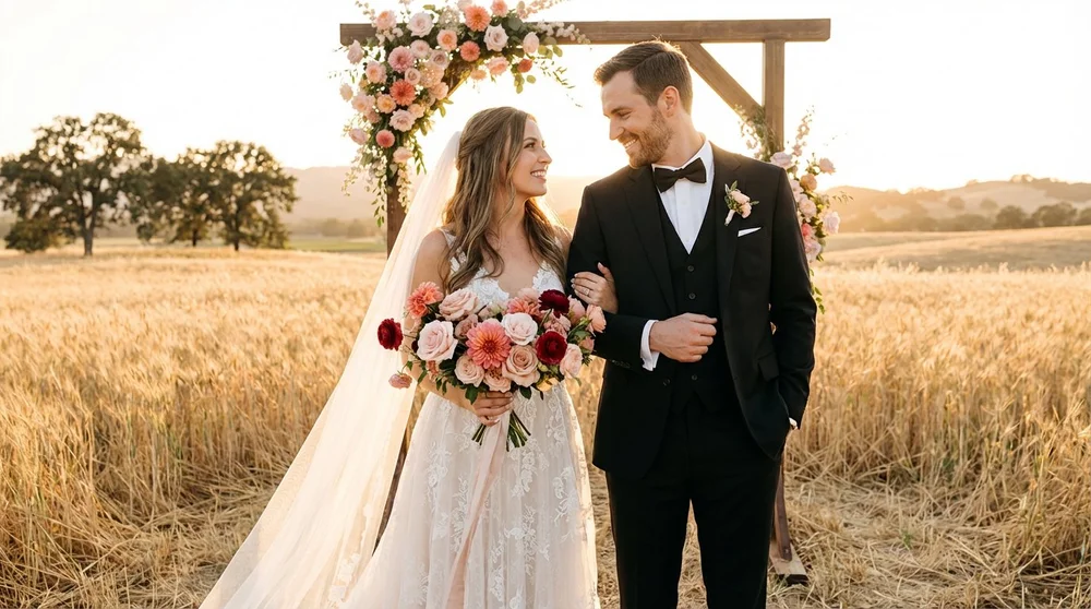 Bride and groom in a black tuxedo beneath a floral arch in a wheat field