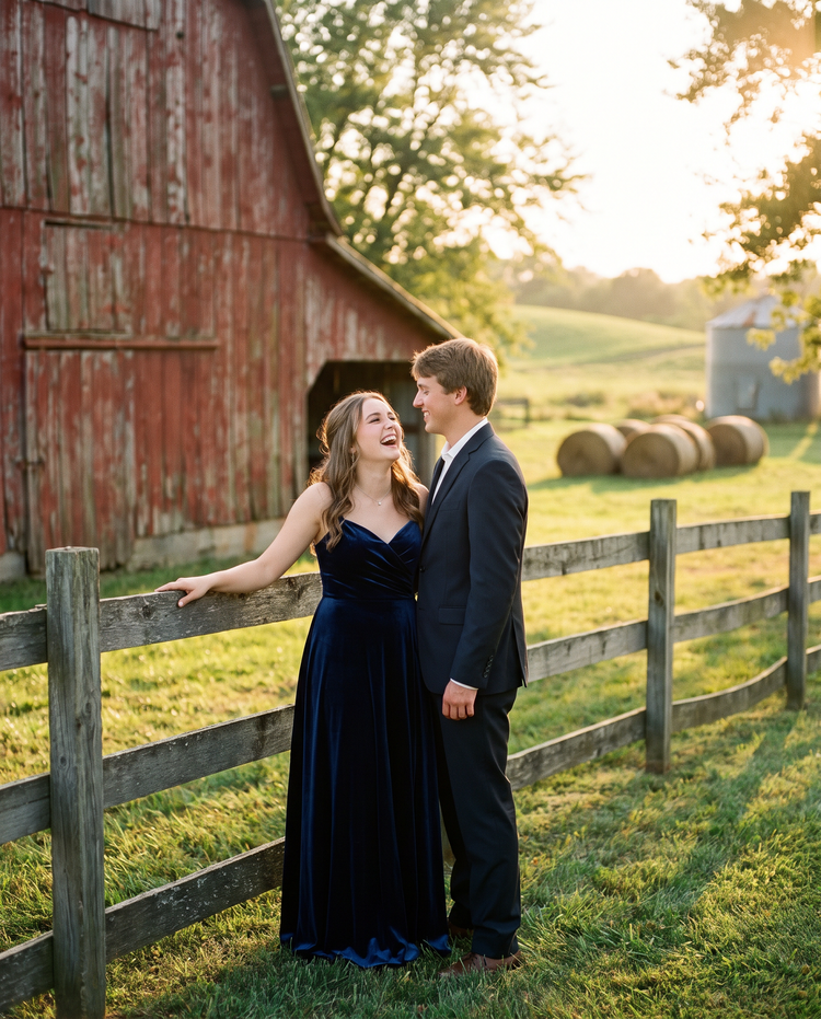 Prom couple by a red barn and wooden fence at sunset